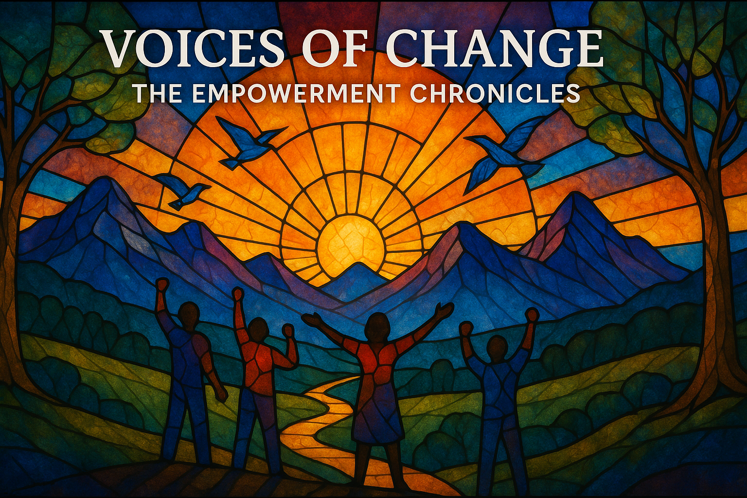 create me a landscape cover photo for a blog or article titled Voices of Change: The Empowerment Chronicles, make it a stained glass type of image with imagery that reflects the power of the name, 