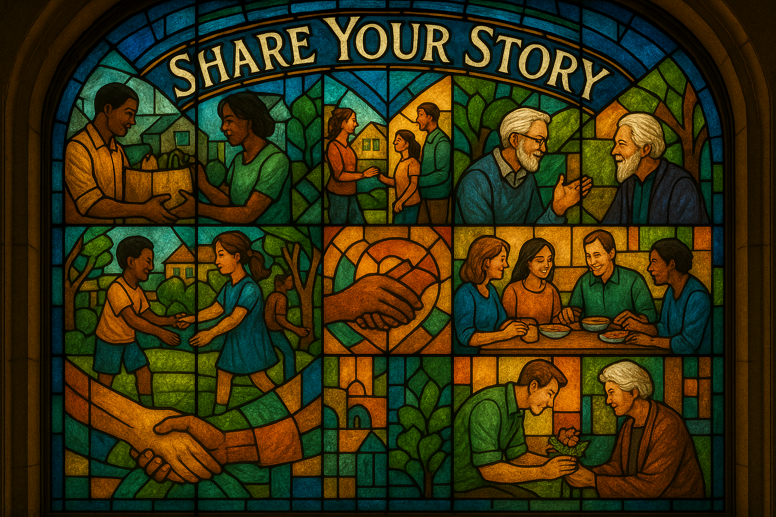 Share Your Story colorful on stained glass with a vision of community that is impactful and heart warming also pragmatic that involves truths of the everyday realities of how communities are points of survival