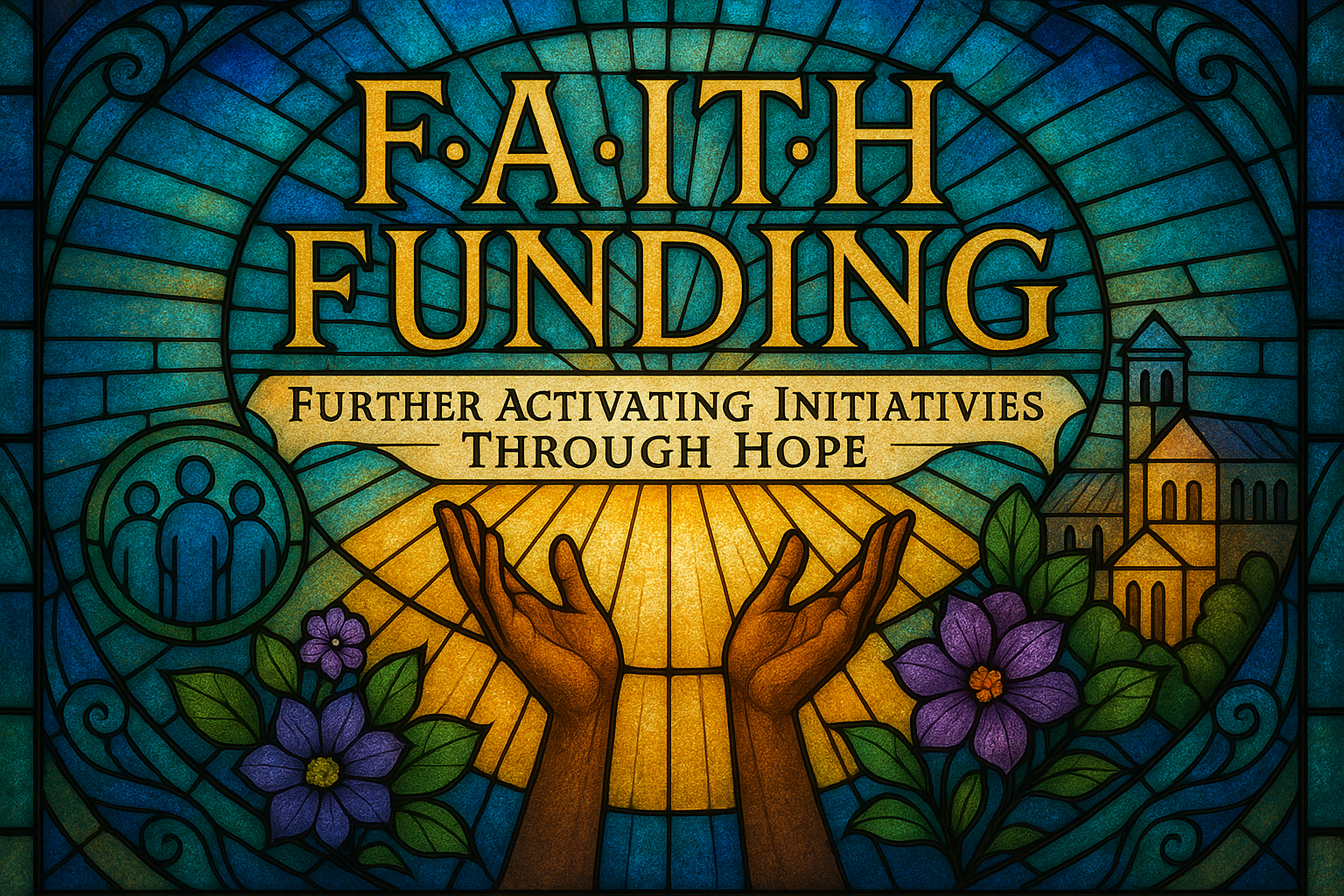 Stained glass cover image with inspiring image that has the words F.A.I.T.H. Funding where it stands for Further Activating Initiatives Through Hope that reflects our aim of giving back, inspiring hope, restoring communities, revitalising a sense of community and self 